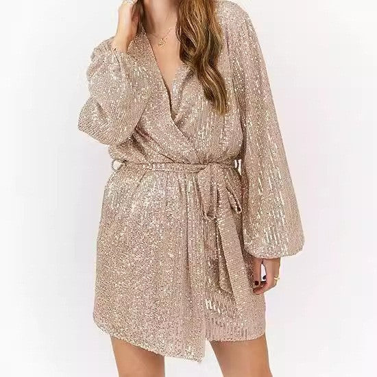 2025 New Sequin Mini Wrap Dress Women's V-Neck Long Sleeve Puff Sleeve Glitter Wrap Party Outfit