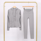 Medium gray hooded stamped jacket cropped pants suit / 2/S