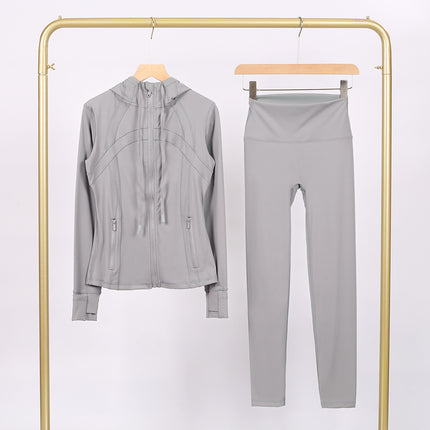 Lulu Df Stamped Hooded Jacket and Cropped Pants Set, Tight-Fitting Stretch Jacket with Gold Zipper, Fitness Yoga Outfit