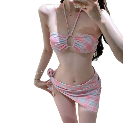 Source Manufacturer Sweet Girl Retro Plaid Sexy Small Breast Halter Simple Tube Top Bikini Split Swimsuit