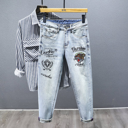 Autumn 2024 European Station Tiger Head Embroidered Jeans Men's Fashion Trend All-match Casual Slim-fit Small Foot Trousers