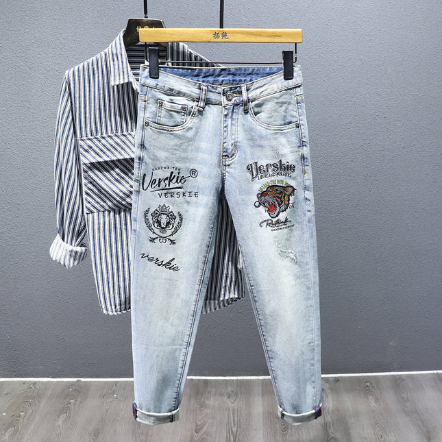 Autumn 2024 European Station Tiger Head Embroidered Jeans Men's Fashion Trend All-match Casual Slim-fit Small Foot Trousers