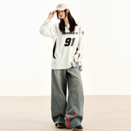 New American Style Retro Red Stitching Striped Jeans Women's Early Autumn New Loose Straight Wide Leg Pants