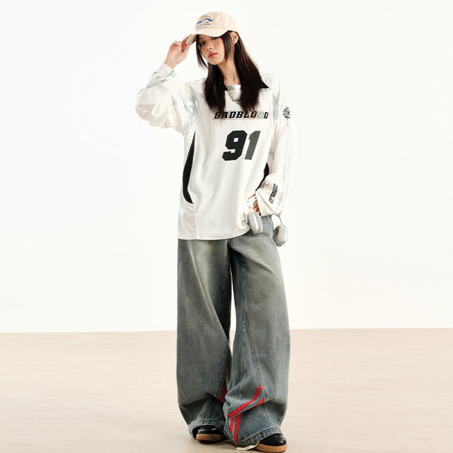 New American Style Retro Red Stitching Striped Jeans Women's Early Autumn New Loose Straight Wide Leg Pants