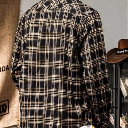 2023 Spring and Autumn New brushed Japanese Plaid lapel shirt men's long sleeve loose men's retro shirt coat men