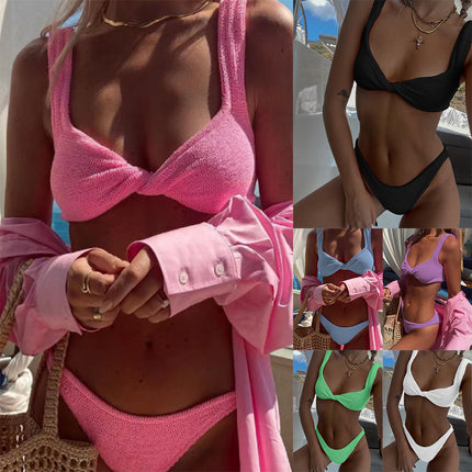 European and American swimsuit women's cross-border bikini swimsuit sexy solid color strap three-point split swimsuit women's in stock wholesale