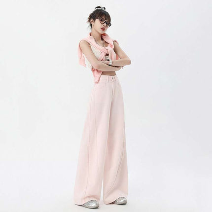 Wholesale Dropshipping Trendy Spring and Summer High-Waisted Loose Straight Wide-Leg Pants with Playful Pink Floor-Length Design