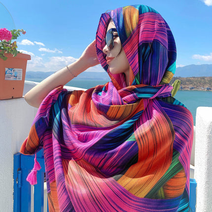Ethnic Style Printed Silk Scarf Women's Seaside Travel Sun Protection Gauze Air Conditioning Warm Scarf Versatile Long Shawl