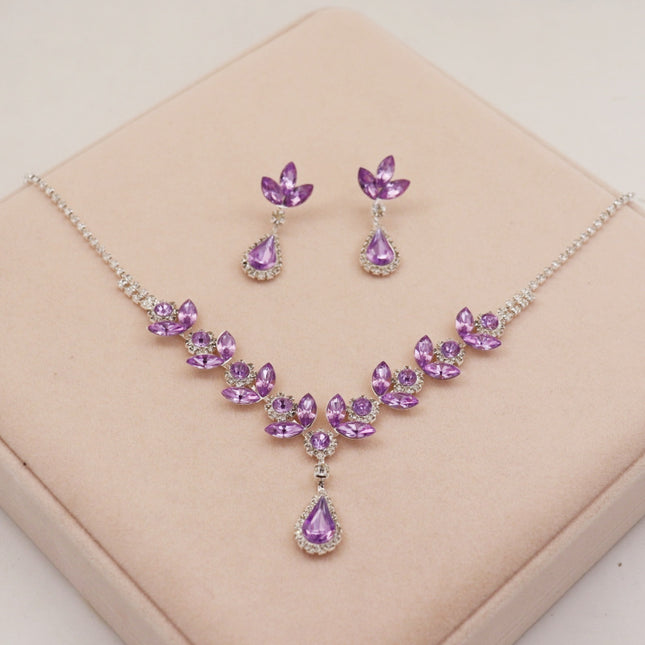 Cross-border New Crystal Amethyst Necklace Earrings suit Evening Dress Accessories Bridal Accessories High-end Sense