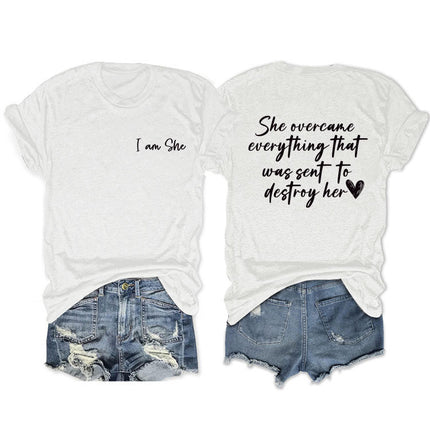 Amazon double-sided printed summer round neck short sleeve she overcame everthing loose all-match T-shirt