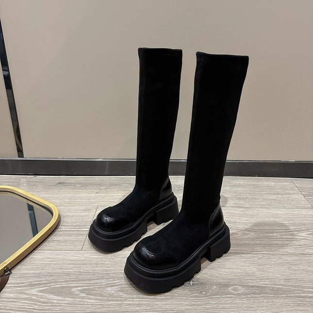 But knee long boots women's 2024 autumn and winter new vintage thick bottom high tube thin boots suede thick heel elastic boots