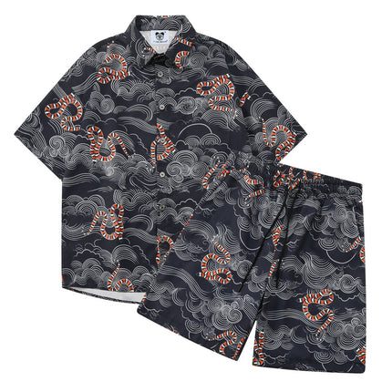 Cross-border Trade Trendy Brand Retro Snake Pattern Xiangyun Loose Beach Shorts Full Print Couple High Street Casual Pants Two-piece Set