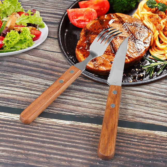 Cross-border Wooden Handle Steak Knife and Fork Two-piece Set Household Western-style Tableware Stainless Steel Main Knife Dishpoint Fork in stock Batch