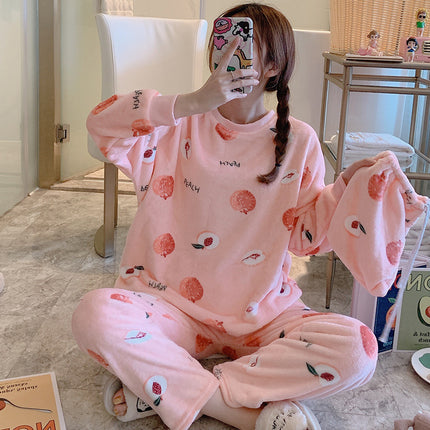 2024 New Autumn and Winter Coral Velvet Cartoon Stripesd Women's Pajamas Thickeneded and Wearable Home Wear Set