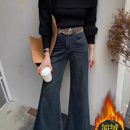 Fleece-Lined, Thickened, Warm, High-Waisted, Slightly Flared Jeans for Women, 2025 Winter, Vintage, Slimming, Drapey, Flared Floor-Length Pants