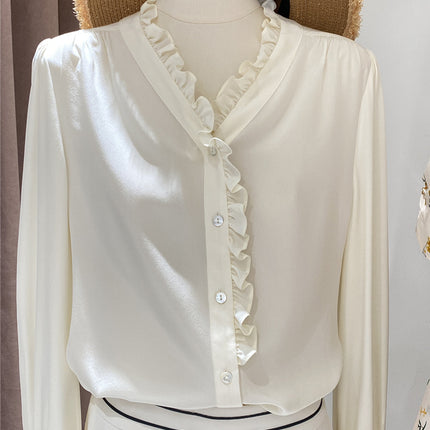 Silk Shirt for Women 2026 Early Spring New French Crepe De Chine Blouse White Commuter Lace 100% Mulberry Silk Top