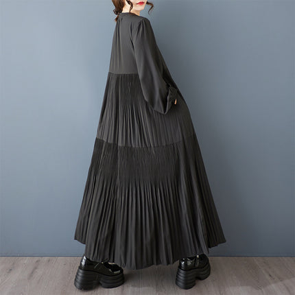 Real shot spring and autumn new dark style solid color long sleeve dress pleated loose fashion plus size women's dress dress