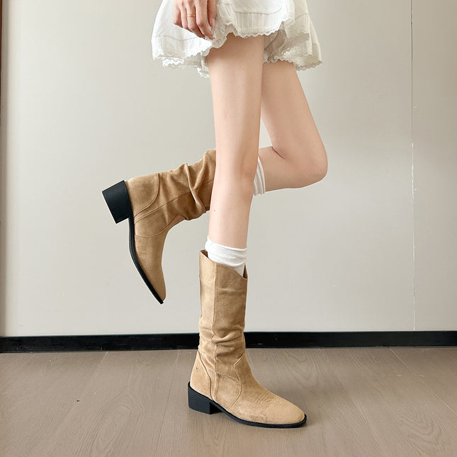 Petite Height-Increasing Slouch Boots for Women, Long Western Cowboy Boots, Ruched Mid-Calf Riding Boots, Chunky Heel Plus-Size Boots