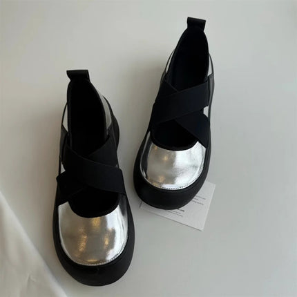 2026 Summer New Style Black Flat Leather Shoes Thick-Soled Retro Style Round-Toe Cross-Strap Mary Jane Shoes for Women