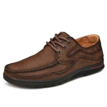Leather Shoes Men's 2025 New Summer Breathable Hollow-out Leather Shoes Men's Leather Top Layer Cowhide Low-top Lace-up Casual Shoes