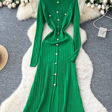 High-Quality 2025 Autumn Chanel-Style Private Wear for Socialites, Women's Knit Slit Dress with Round Neck and Bodycon Skirt