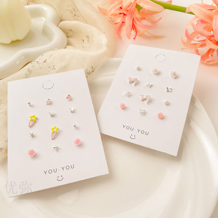 Sweet Small Fresh Simple Silver Needle Small Ear Stud suit Small Exquisite Cute Gentle Girl Heart Ring New Spring Style