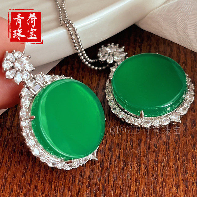 Ice Green Chalcedony Inlaid Plain Round Pendant Jade-Colored Necklace Gift for Mom, Vintage New Chinese Style