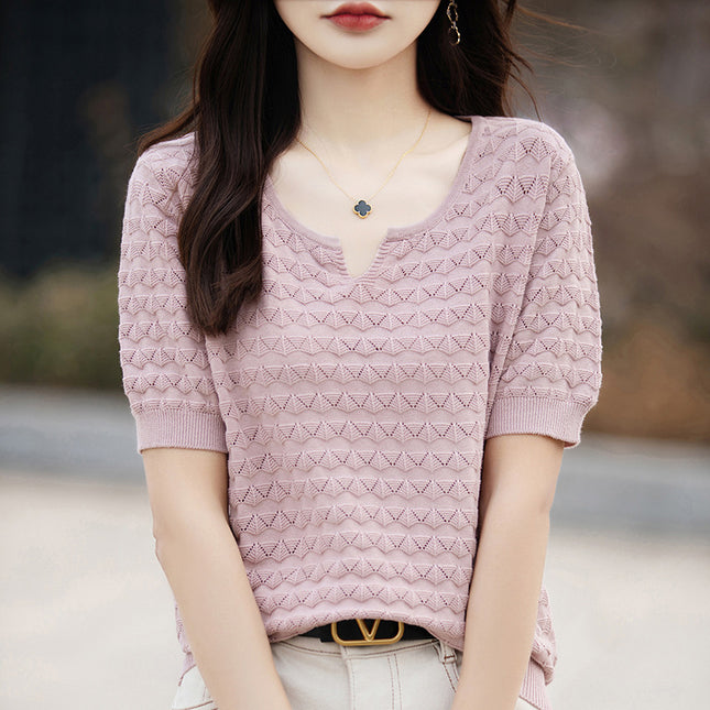 Pure Cotton Knitted Short-Sleeved Women's Spring and Summer New Elegant Half-Sleeved Cut Out Loose Fashion Pure Color T-Shirt Top