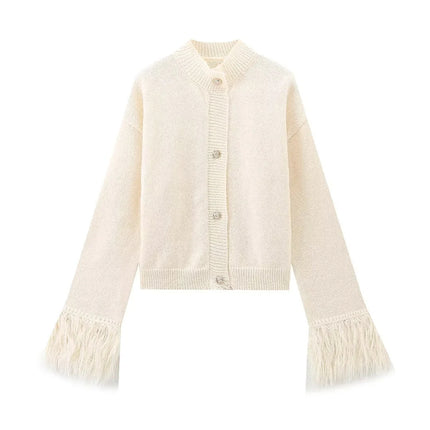 European and American Style Women's Clothing, Popular Cross-Border Product, Lazy and Versatile, Solid Color Spliced Feather Knit Cardigan