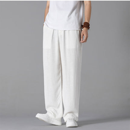 Cotton and linen pants men's summer thin loose linen casual pants outer wear mop floor plus size straight leg pants wholesale