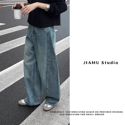 JIAMU American Style Retro Blue Two-Tone Baggy Wide Leg Unisex Jeans Unisex Loose Slimming Profile Banana
