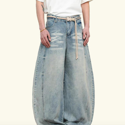 American Style Vintage Washed Cat Whiskers light blue Scimitar Jeans Unisex Wide Leg cleanfit Scythe Jeans