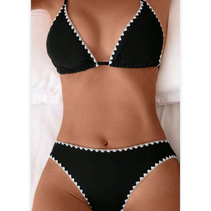 European and American Sexy Split Swimsuit Women's Triangle Cup Bikini Lace Decoration High Waist Bikini Swimsuit Set