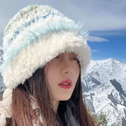 Thickened winter women's plush fisherman hat color matching black and white striped plush knitted wool basin hat warm hat