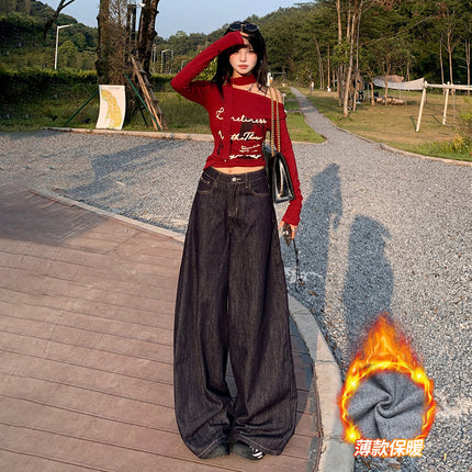 American-Style Wide-Leg Jeans for Women, 2025 Autumn and Winter New Style, Fleece-Lined, Straight-Leg, Loose, High-Waisted, Slimming, Thin Fleece, Floor-Length Pants