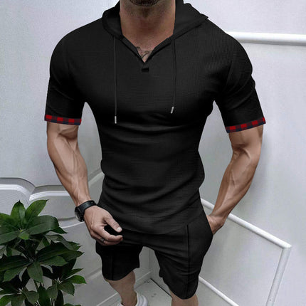 Europe and the United States cross-border summer fast selling Amazon hooded waffle T-shirt men's sports casual short sleeve shorts suit