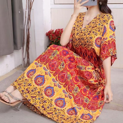 Cross-border ethnic style V-neck cotton silk short-sleeved beach skirt Thailand travel dress summer printed holiday floral skirt