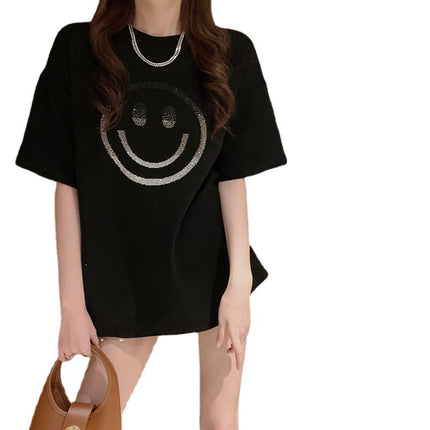 Smiley Face Print Loose Short-Sleeved T-Shirt for Women Spring and Summer New Casual Bottoming Shirt Women's Round Neck Top Dropshipping