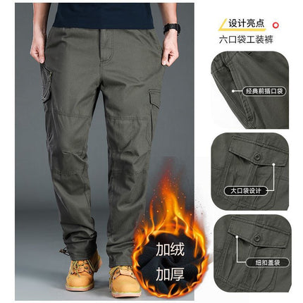 Overalls Men's Autumn and Winter fleece-lined Thickened Trendy Brand plus size Casual Pants Straight-Leg Loose Wide-Leg Winter Pants