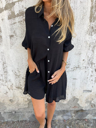 2025 cross-border Europe and America Amazon new women's casual solid color cotton and linen shorts long sleeve wrinkled cloth shirt two-piece set