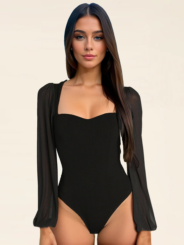 2025 autumn new European and American tights sexy fashion stitching mesh lantern sleeve jumpsuit women's bodysuit