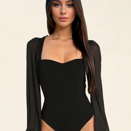 2025 autumn new European and American tights sexy fashion stitching mesh lantern sleeve jumpsuit women's bodysuit