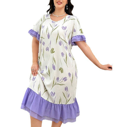 Loose Large Size Nightgown Women's Spring and Summer New European and American-style High-end Sweet Color dress Home Clothes Pajamas