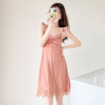 New Sexy Slip Skirt Nightgown Two-piece Ice Silk Pajamas Women's Summer Spring and Autumn Thin Lace Nightgown Home Clothes