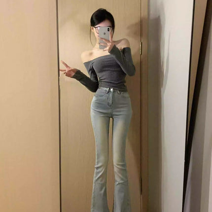 light blue Stretch High Micro-flared Jeans Women's Spring and Autumn New High Waist Loose Slim-fit All-match Trendy Trendy Mop Pants
