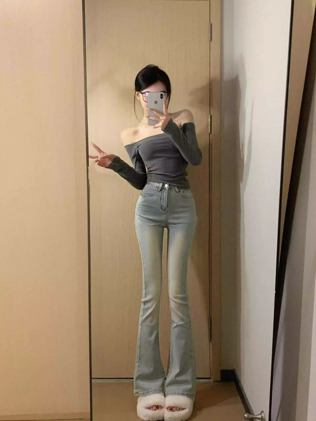 light blue Stretch High Micro-flared Jeans Women's Spring and Autumn New High Waist Loose Slim-fit All-match Trendy Trendy Mop Pants