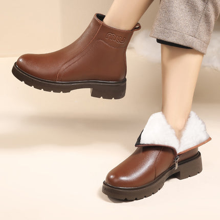 Mom's Shoes, Winter Velvet, Middle-Aged Leather Shoes, Autumn and Winter Women's Shoes, Winter Shoes, Non-Slip, Middle-Aged and Elderly Short Boots, Warm Cotton Shoes