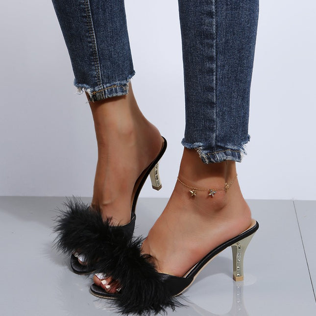 Foreign Trade Large Size Furry Sandals 2025 Summer New Fashion Outer Wear Stiletto Open Toe Sandals