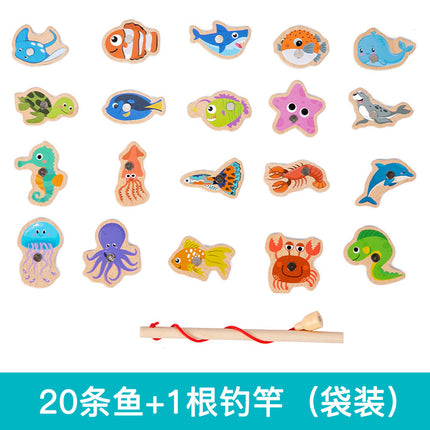 Magnetic Wooden Barrel Marine Fishing Toy Children's Early Education Educational Cognitive Fun Boys and Girls Parent-Child Games