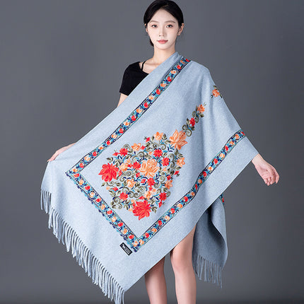 Autumn and Winter Nepal Vase Embroidered New Style Cashmere Scarf Women's Ethnic Style Embroidered Tassel Large Shawl